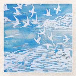 Blaue Küsten-Vogel-moderne Aquarell-Kunst Glasuntersetzer