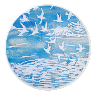 Blaue Küsten-Vogel-moderne Aquarell-Kunst Keramikknauf