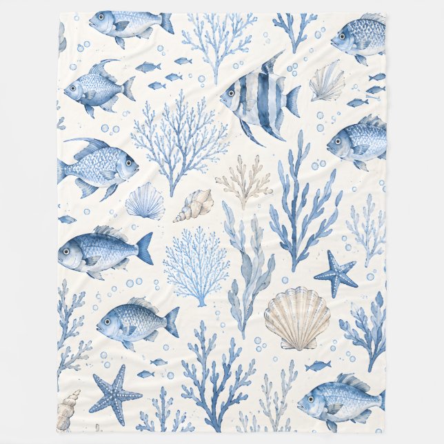 Blaue Küstendecke mit Fisch-Fleece Fleecedecke (Vorderseite)
