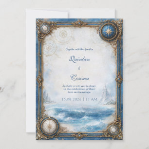 Blaue Küstenkompass-Hochzeit Einladung