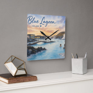 Blaue Lagune Island Thermalbad Aquarell Quadratische Wanduhr