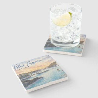 Blaue Lagune Island Thermalbad Aquarell Steinuntersetzer
