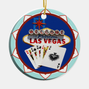 Blaue Las Vegas Willkommensschild Pokerchip Keramikornament