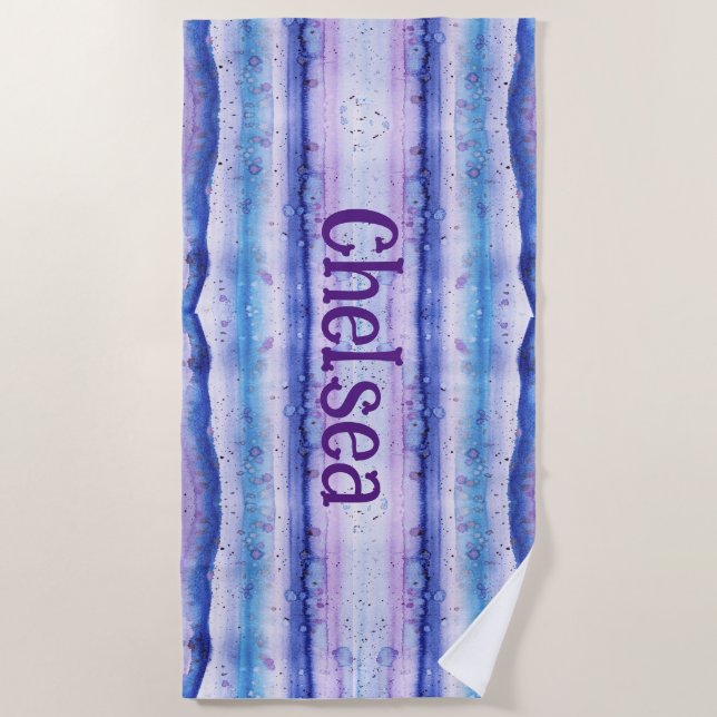 Blaue Lavendel-Weiße Wasserfarbenstreifen Mit Mono Strandtuch (Vorderseite)
