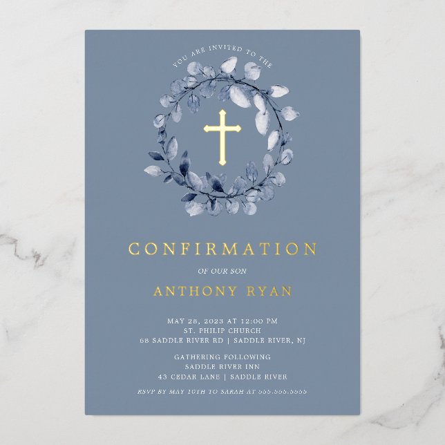 Blaue Leaf Boys Bestätigung Foil Einladung (Vorderseite)