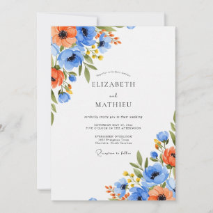 Blaue lebendige botanische Orange Hochzeit Einladung