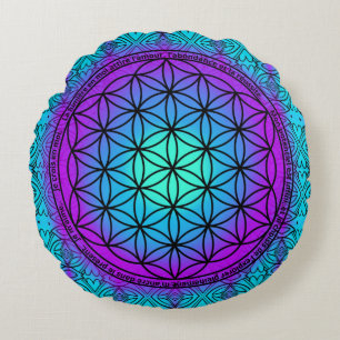 Blaue Lebensblume und violette positive Aussagen Rundes Kissen