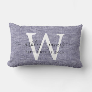 Blaue Leinenweiße Monogramm-Hochzeitsandenken Lendenkissen