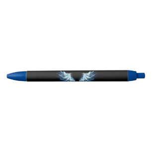 Blaue leuchtende Engelsflügel auf schwarzem Hinter Kugelschreiber