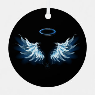 Blaue leuchtende Engelsflügel auf schwarzem Hinter Ornament Aus Metall