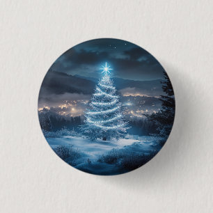 Blaue leuchtende Weihnachtsbaum-Winternacht Button