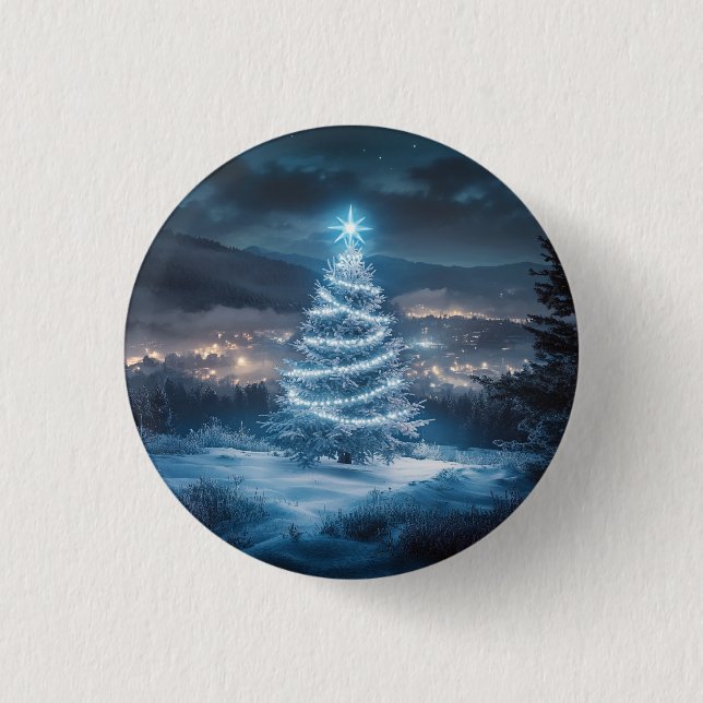 Blaue leuchtende Weihnachtsbaum-Winternacht Button (Vorderseite)