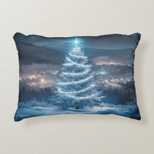 Blaue leuchtende Weihnachtsbaum-Winternacht Dekokissen