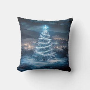 Blaue leuchtende Weihnachtsbaum-Winternacht Kissen