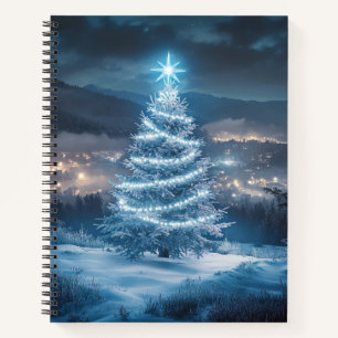 Blaue leuchtende Weihnachtsbaum-Winternacht Notizbuch