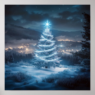 Blaue leuchtende Weihnachtsbaum-Winternacht Poster