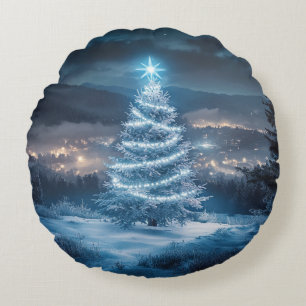 Blaue leuchtende Weihnachtsbaum-Winternacht Rundes Kissen