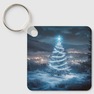 Blaue leuchtende Weihnachtsbaum-Winternacht Schlüsselanhänger
