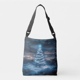Blaue leuchtende Weihnachtsbaum-Winternacht Tragetaschen Mit Langen Trägern