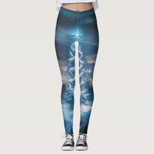 Blaue leuchtende Winternacht-Christmasbaum Leggings