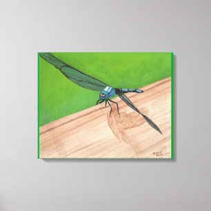Blaue Libelle auf einer schienengepeitschten Canva Leinwanddruck