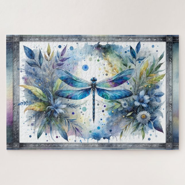 Blaue Libelle Botanische Aquarellmalerei (Horizontal)