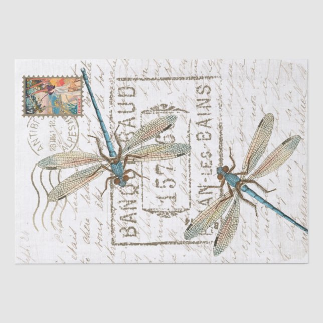 Blaue Libelle Französisch Schrift Poststempel Deco Seidenpapier (Vorderseite)