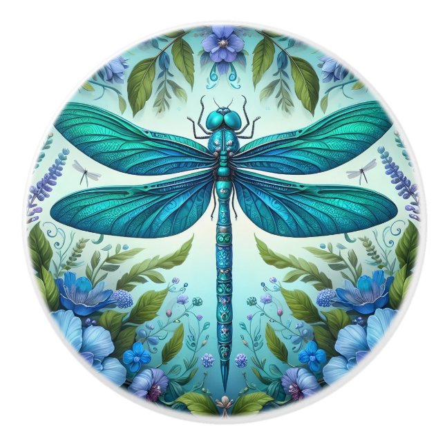 Blaue Libelle mit Blume Keramikknauf (Vorderseite)