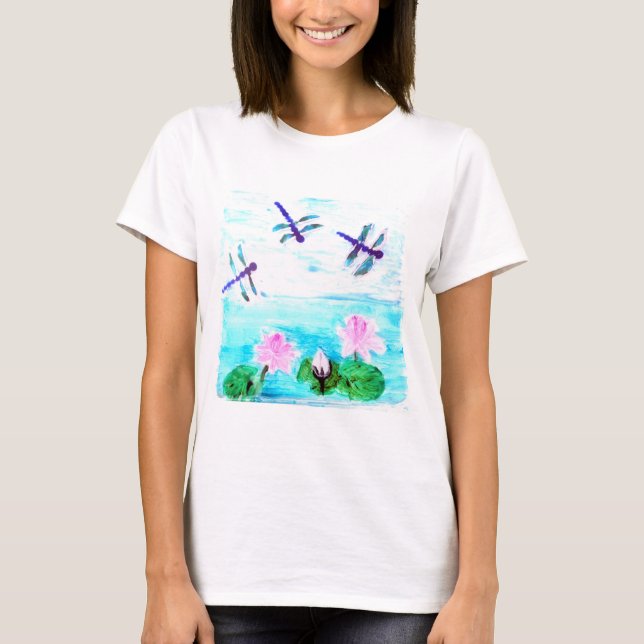 Blaue Libelle, rosa Waterlilly-Blume T-Shirt (Vorderseite)
