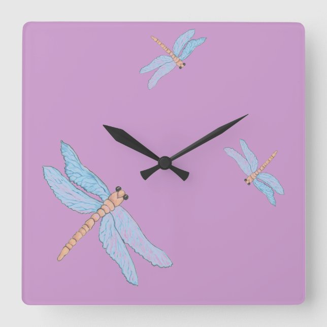 Blaue Libellen-Wanduhr Quadratische Wanduhr (Vorderseite)