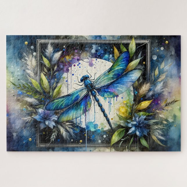 Blaue Libellen-Wasserfarben-Botanik (Horizontal)