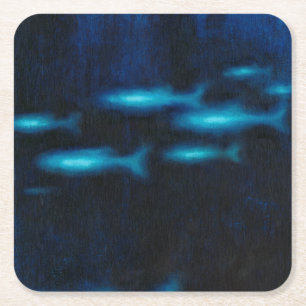 Blaue lichtdurchlässige Fisch-Silhouetten Rechteckiger Pappuntersetzer