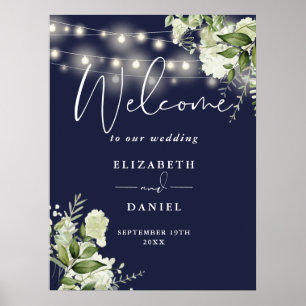Blaue Lichterkette Florale Hochzeitsbegrüßung Poster