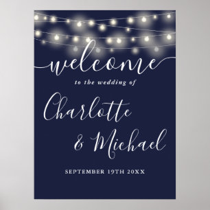 Blaue Lichterkette Hochzeit Willkommensschild Poster