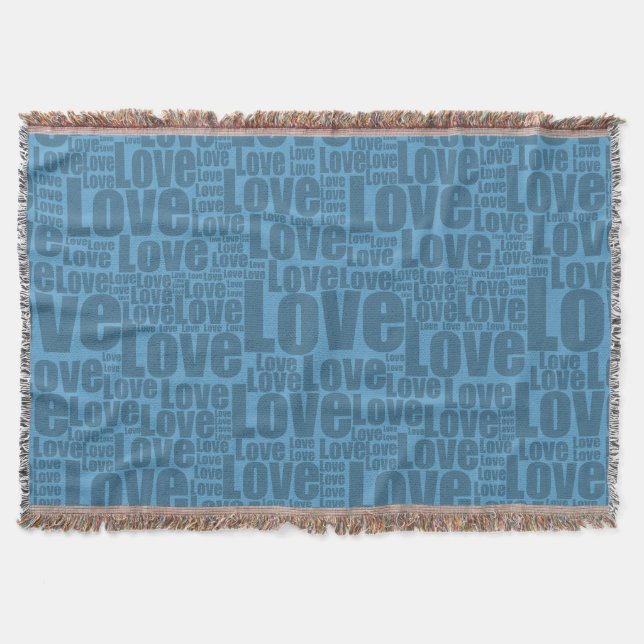 Blaue LIEBE Typografie Wiederholung Muster Decke (Vorderseite)
