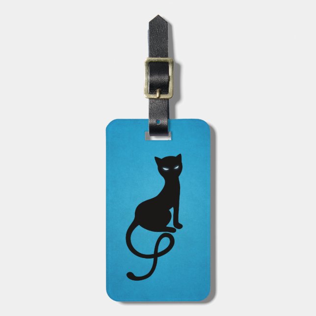 Blaue liebenswürdige schlechte schwarze Katze Gepäckanhänger (Vorderseite vertikal)