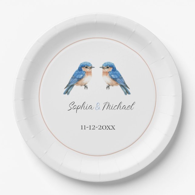 Blaue Liebesvögel Hochzeit Pappteller (Vorderseite)