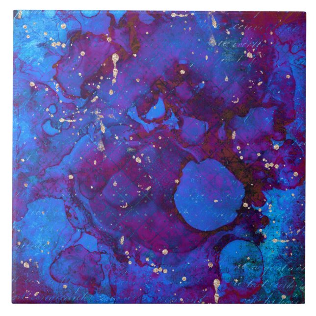 Blaue lila Alkoholfarbe mit Imitaten goldene Splin Fliese (Vorderseite)