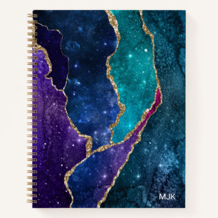 Blaue Lila Aqua Goldadern Achat Monogramm Notizbuch