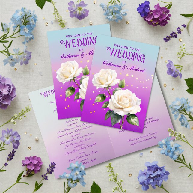 Blaue Lila Aquarell Ombre Rosen Frühlingshochzeit Programm (Flat lay ocean lavender blush floral dreamy botanical spring wedding program
)