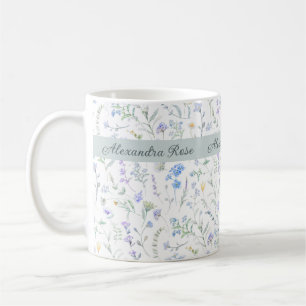 Blaue Lila Aquarell-Wildblumen-Monogramm-Name Kaffeetasse