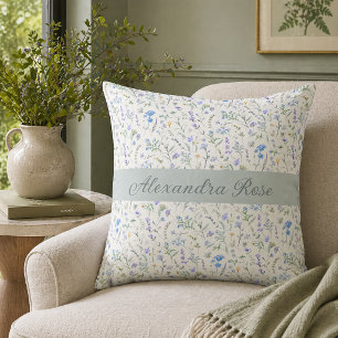 Blaue Lila Aquarell-Wildblumen-Monogramm-Name Kissen