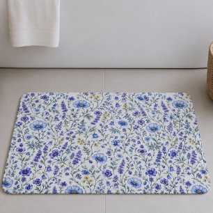 Blaue Lila Aquarell-Wildblumen-Muster Badematte