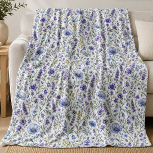 Blaue Lila Aquarell-Wildblumen-Muster Fleecedecke