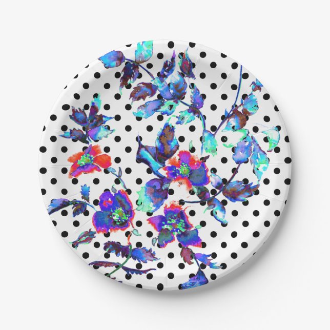 Blaue lila Aquarellmalerei Rose | Polka-Punkte Pappteller (Vorderseite)