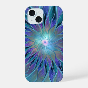 Blaue Lila-Blüten-Traum-Abstrakte Fraktal-Kunst iPhone 15 Hülle