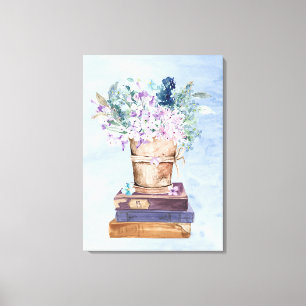 Blaue Lila Bücher und Blumen Leinwand Wandkunst
