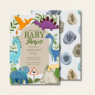 Blaue, lila Dinosaurier, Vulkan T-Rex Baby Shower Einladung