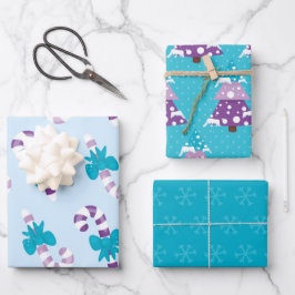 BLAUE & LILA FERIENBÄUME CANDY CANDY CANES GESCHENKPAPIER SET