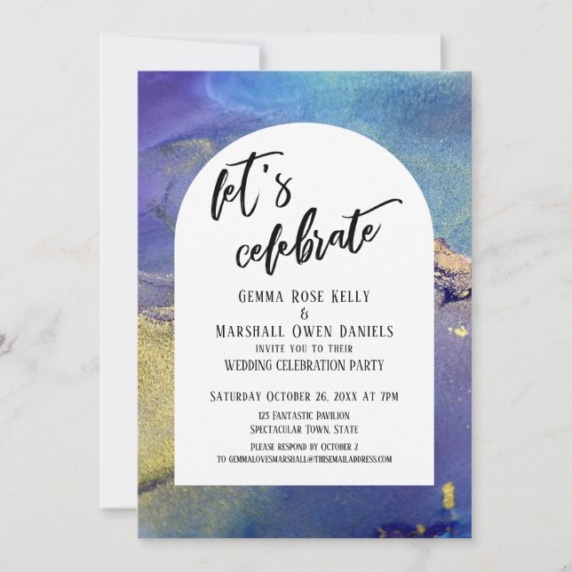 Blaue Lila Goldfarben Feiern Sie den Bogengang Einladung (Vorderseite)